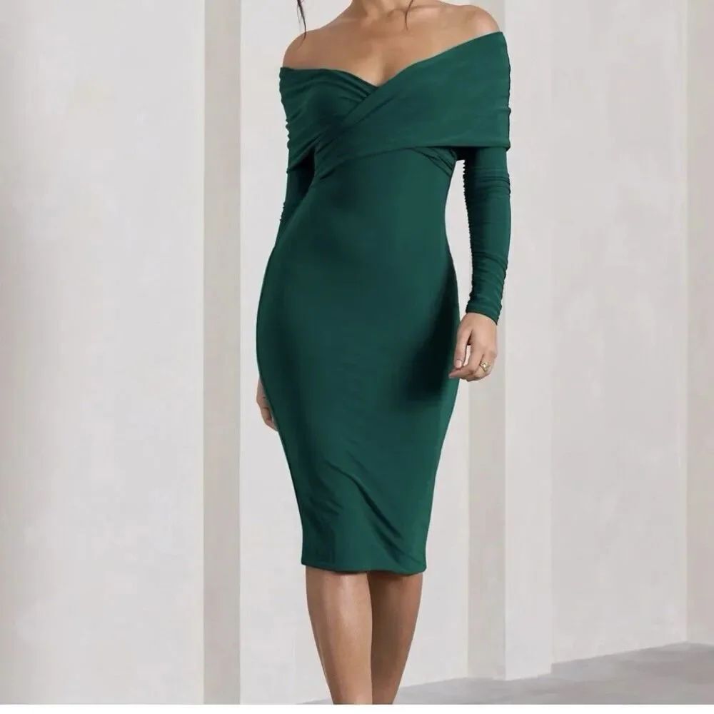 Club L London Off Shoulder Bodycon Midi Dress In Bottle Green NEW US 14 UK 18